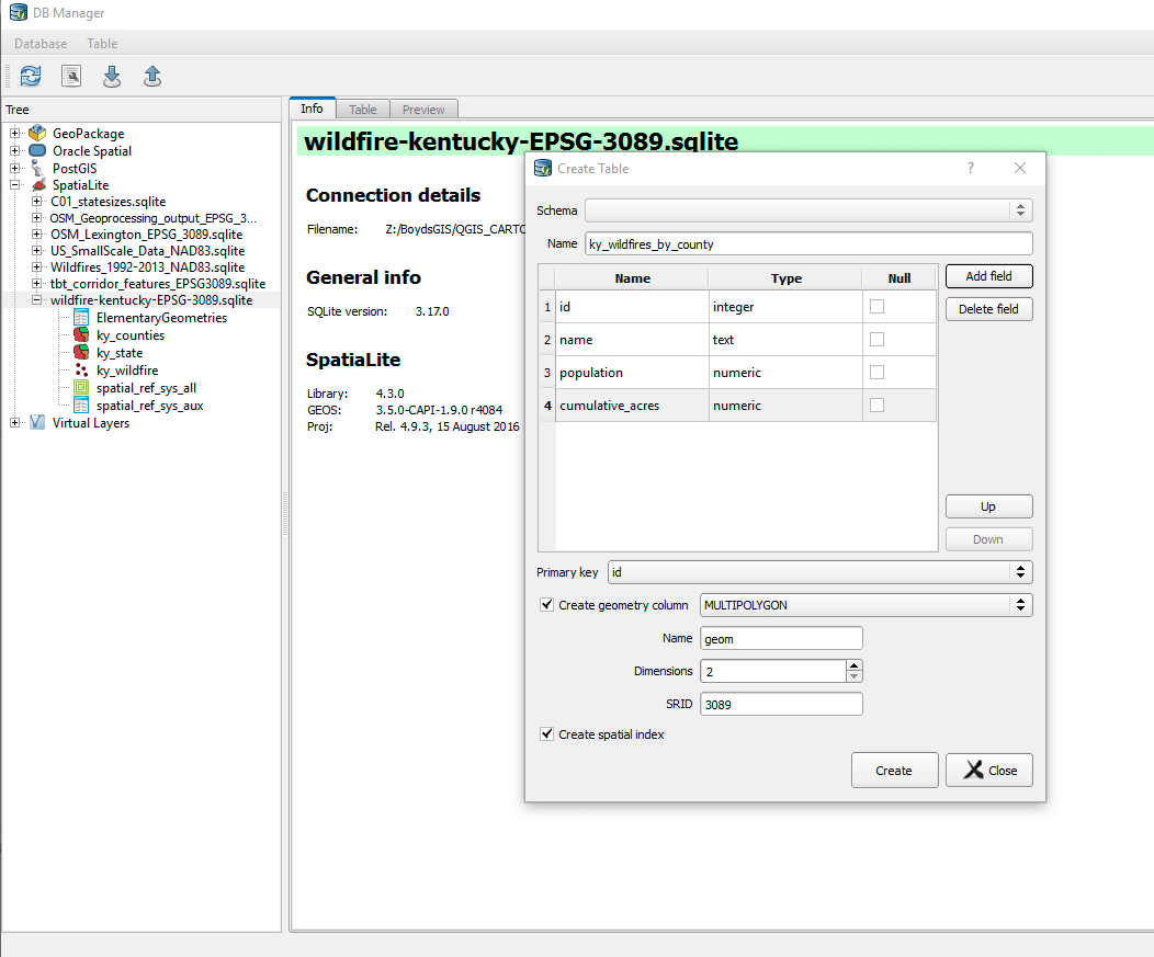 Create table in DB Manager menu with close attention to parameters.