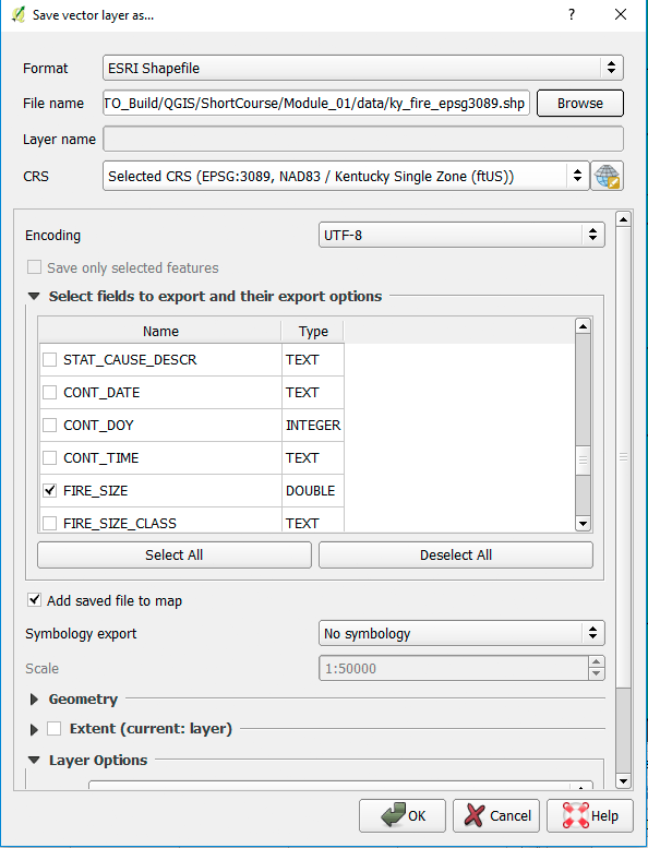 Select attributes and CRS of new layer.