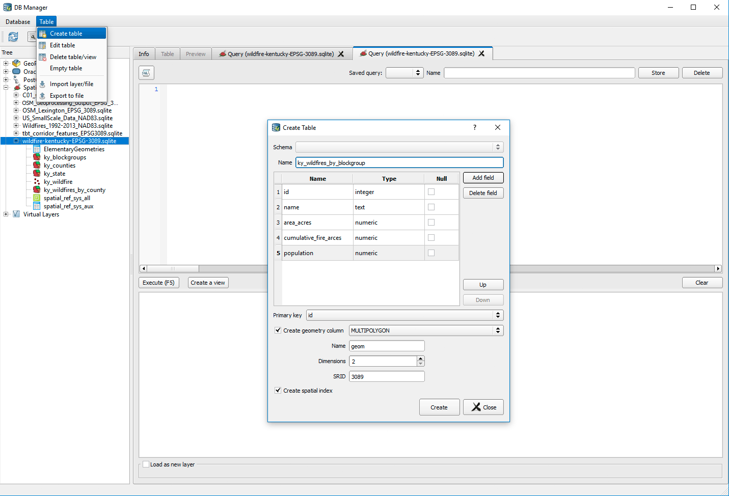Create new table in DB Manager